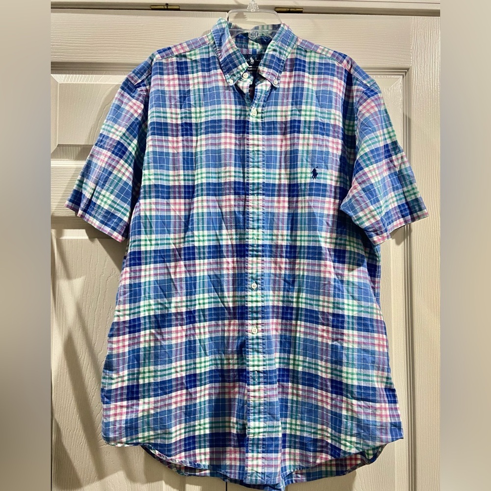 Ralph Lauren Classic Fit Blue Plaid Short Sleeve Button Up Shirt Mens Tall Large
